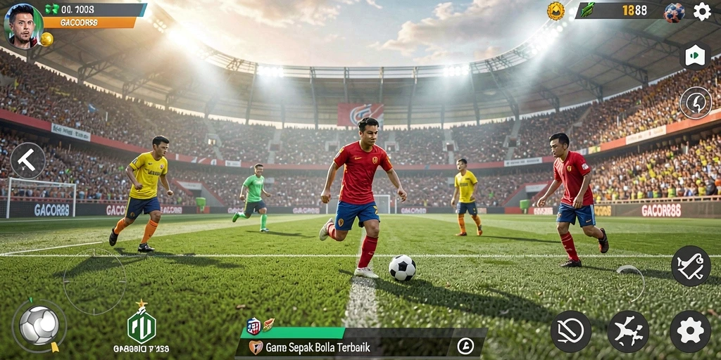 Screenshot gameplay GACOR88 menampilkan aksi seru di lapangan sepak bola.