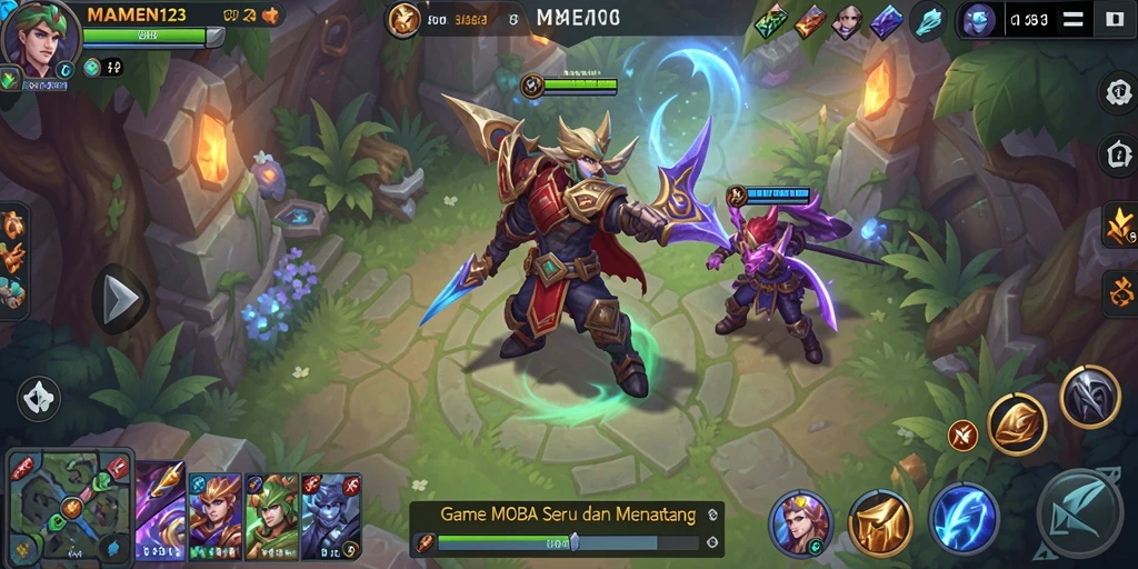 Screenshot MAMEN123 menunjukkan aksi pertarungan seru dalam gameplay MOBA.