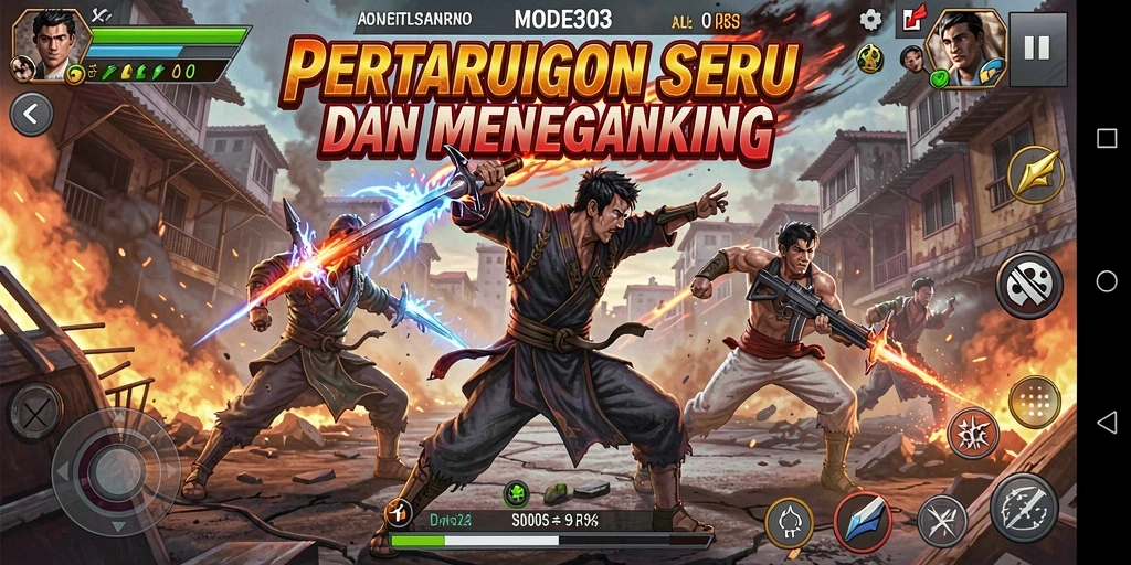 Screenshot utama MODE303 menampilkan pertarungan seru dengan karakter yang mengesankan.