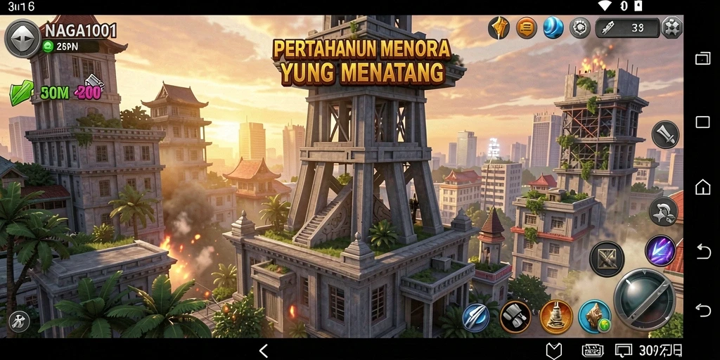 Tampilan aksi seru dalam gameplay Tower Defense NAGA1001.