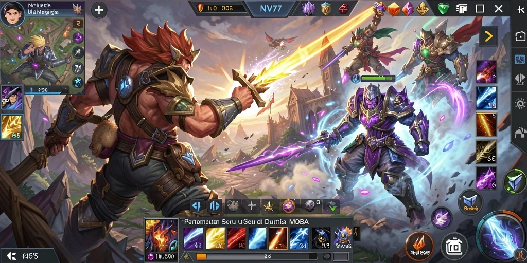 Tangkapan layar gameplay seru NV77 di arena MOBA.