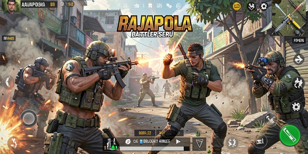 Tangkapan layar utama RAJAPOLA menampilkan aksi mendebarkan dalam Battle Royale.