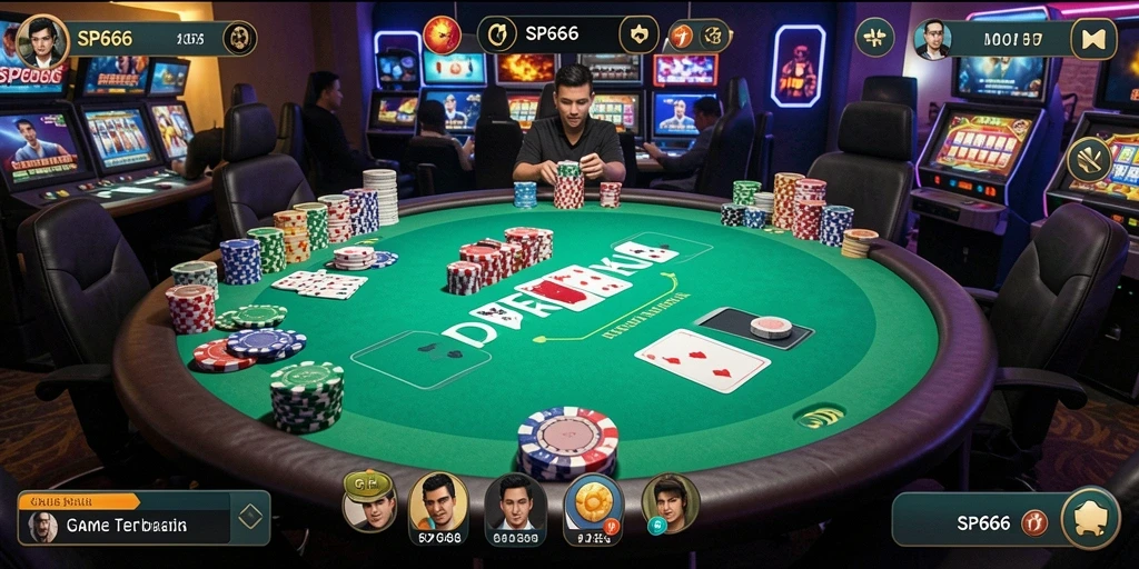 Tampilan utama gameplay SP666 menunjukkan keseruan poker yang menegangkan.